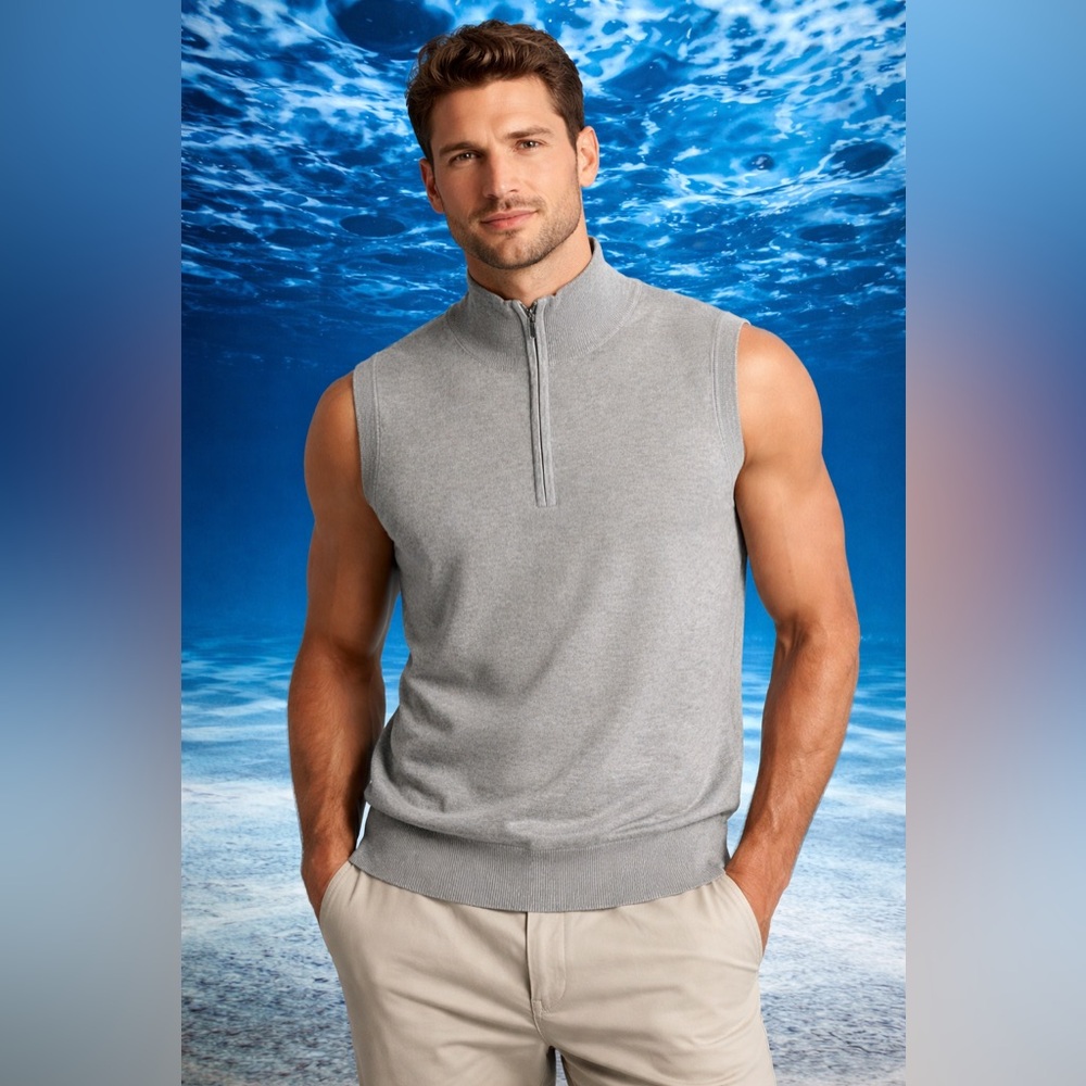 VESI Sportswear Mens Gray 100% Cotton Sleeveless Quarter Zip Sweater Vest Large